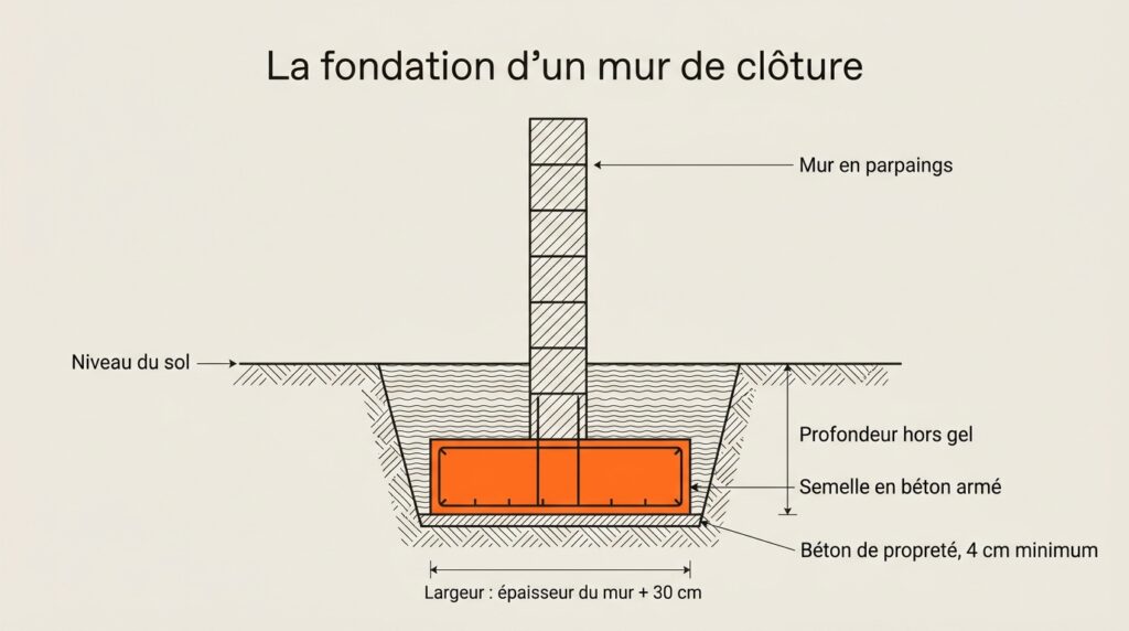 Coupe d'une fondation de mur de clôture