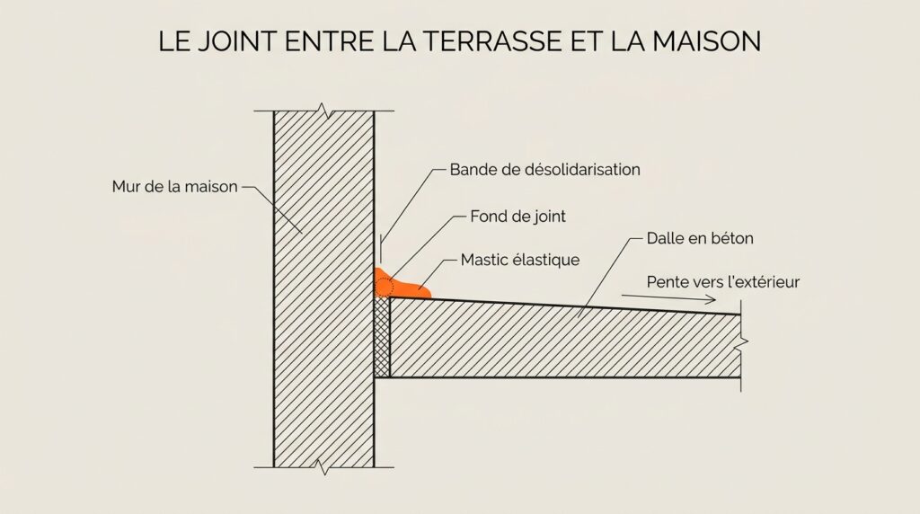 Coupe du joint entre la terrasse et le mur
