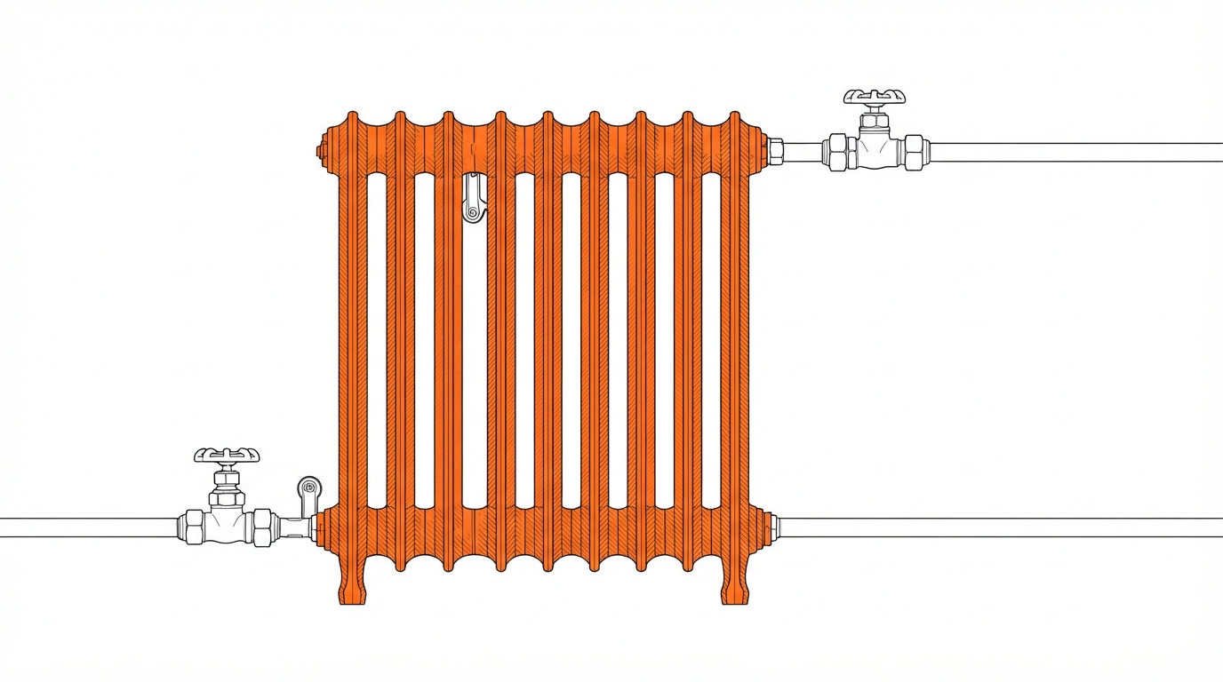 Radiateur en fonte relié à deux tuyaux