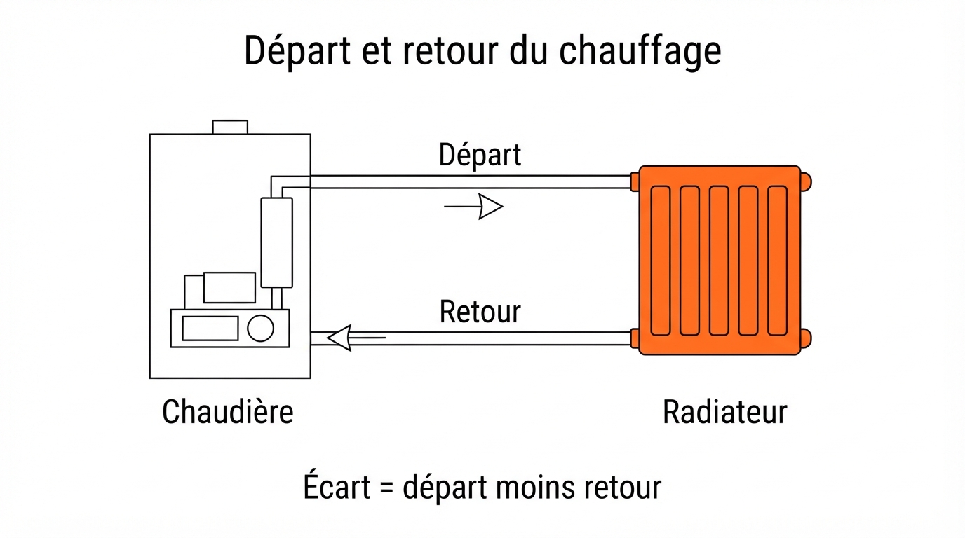 Schéma départ et retour entre chaudière et radiateur