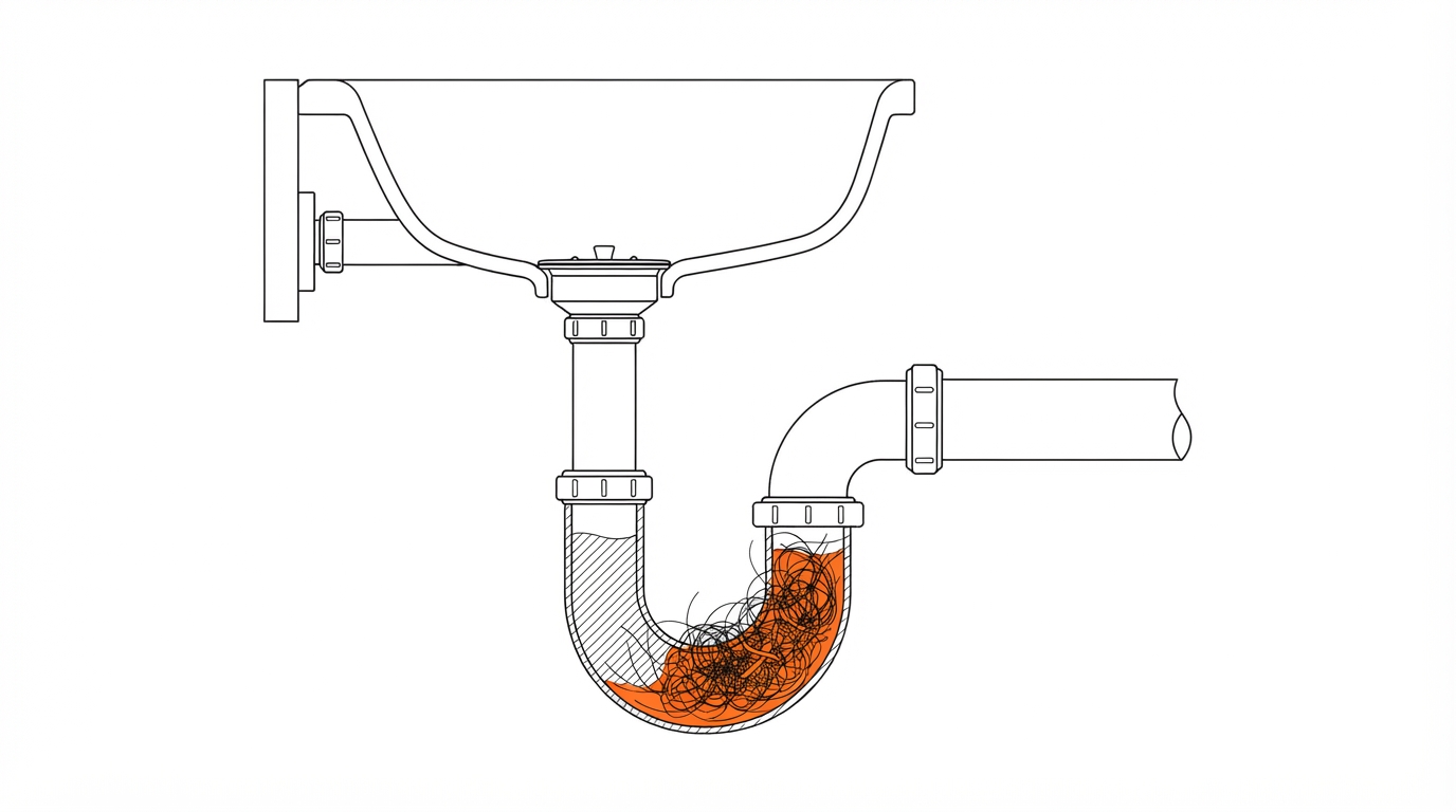 Siphon d'évier en coupe bouché par des cheveux